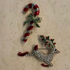 Vintage Candy Cane Pin & Reindeer Pin Brooch Rhinestones Christmas Xmas Lot Of 2